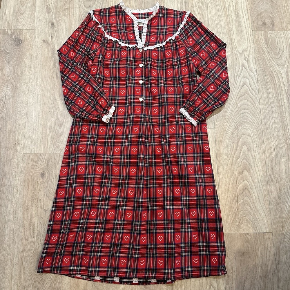 Lanz Of Salzburg By Eileen West Vtg Hearts Womens Nightgown Large Plaid Flannel